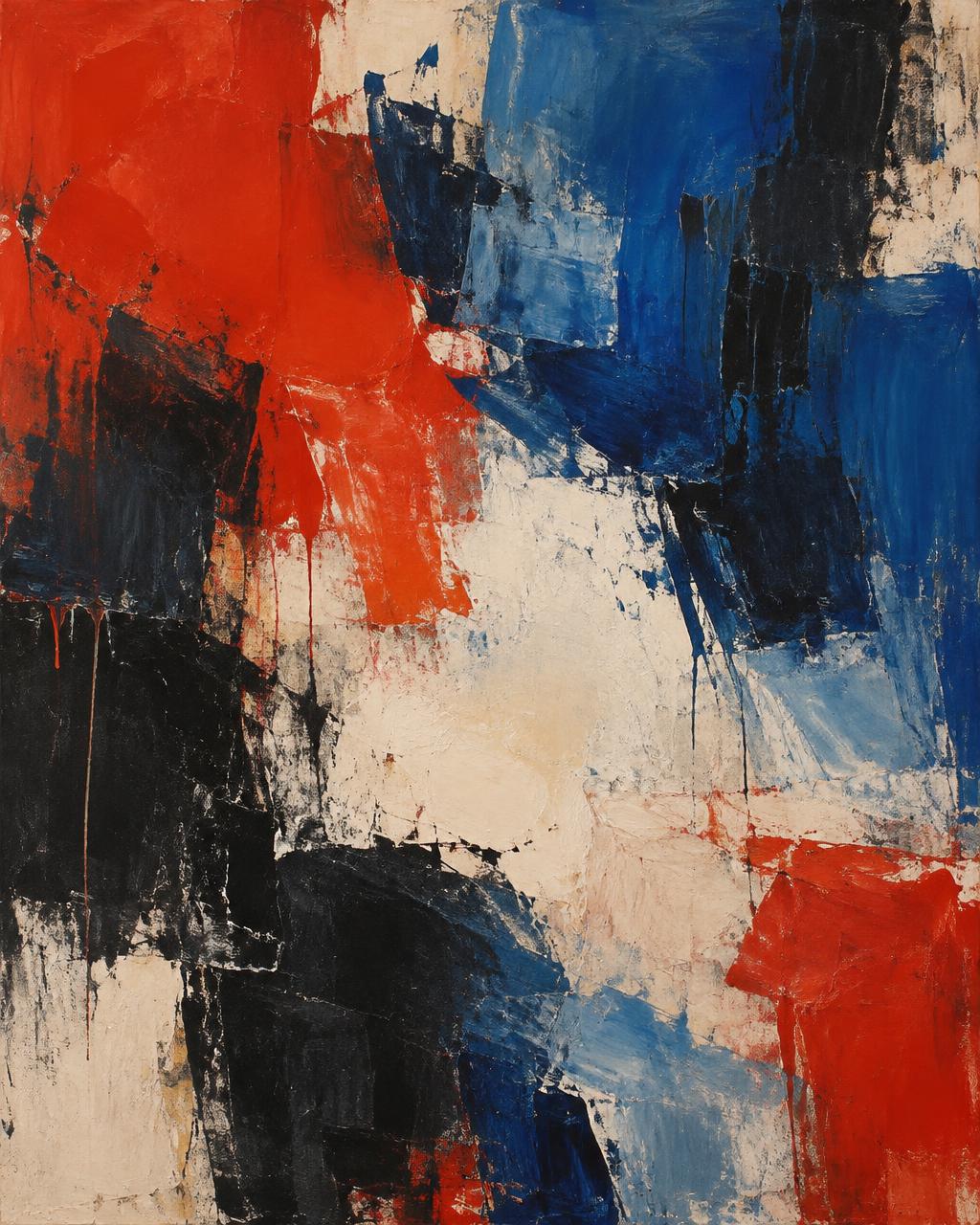 Abstract acrylic painting by Neil Madison in red, blue, cream, and black