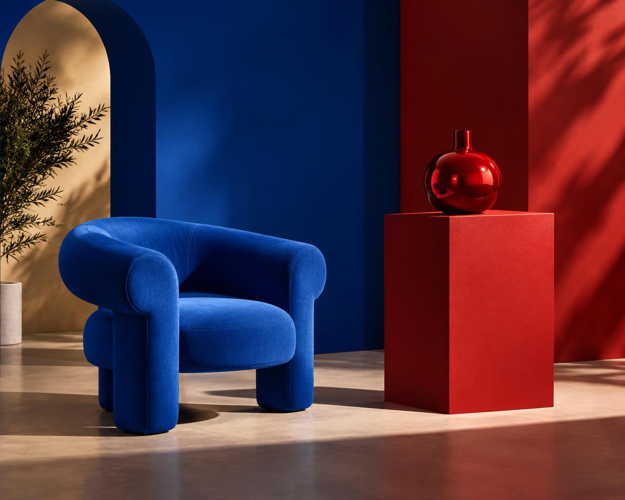 Commercial art direction by Neil Madison — a cobalt chair and red pedestal on a graphic set